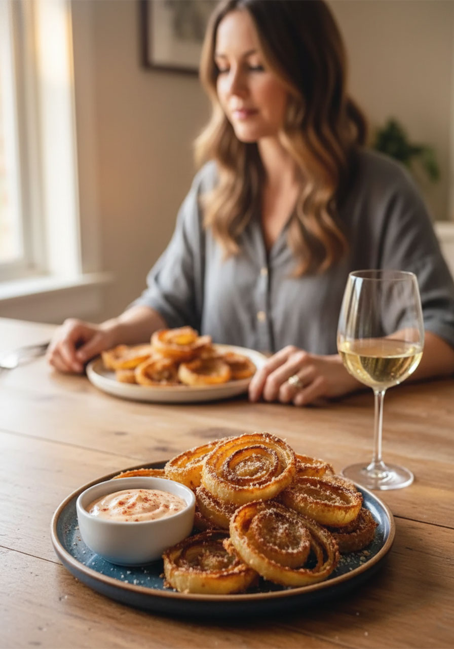 Crispy keto parmesan onion rings served as a healthy low-carb snack on a rustic dining table with dipping sauce