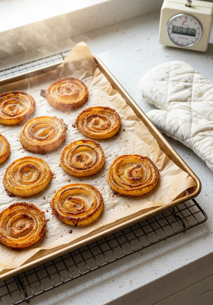 Freshly baked crispy keto onion rings cooling on a parchment-lined baking sheet before serving