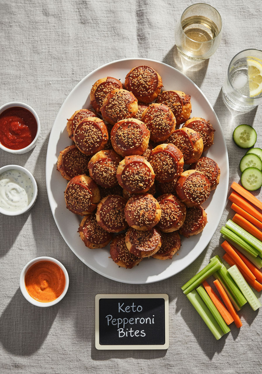Party platter of keto pepperoni bites served with multiple dipping sauces for entertaining