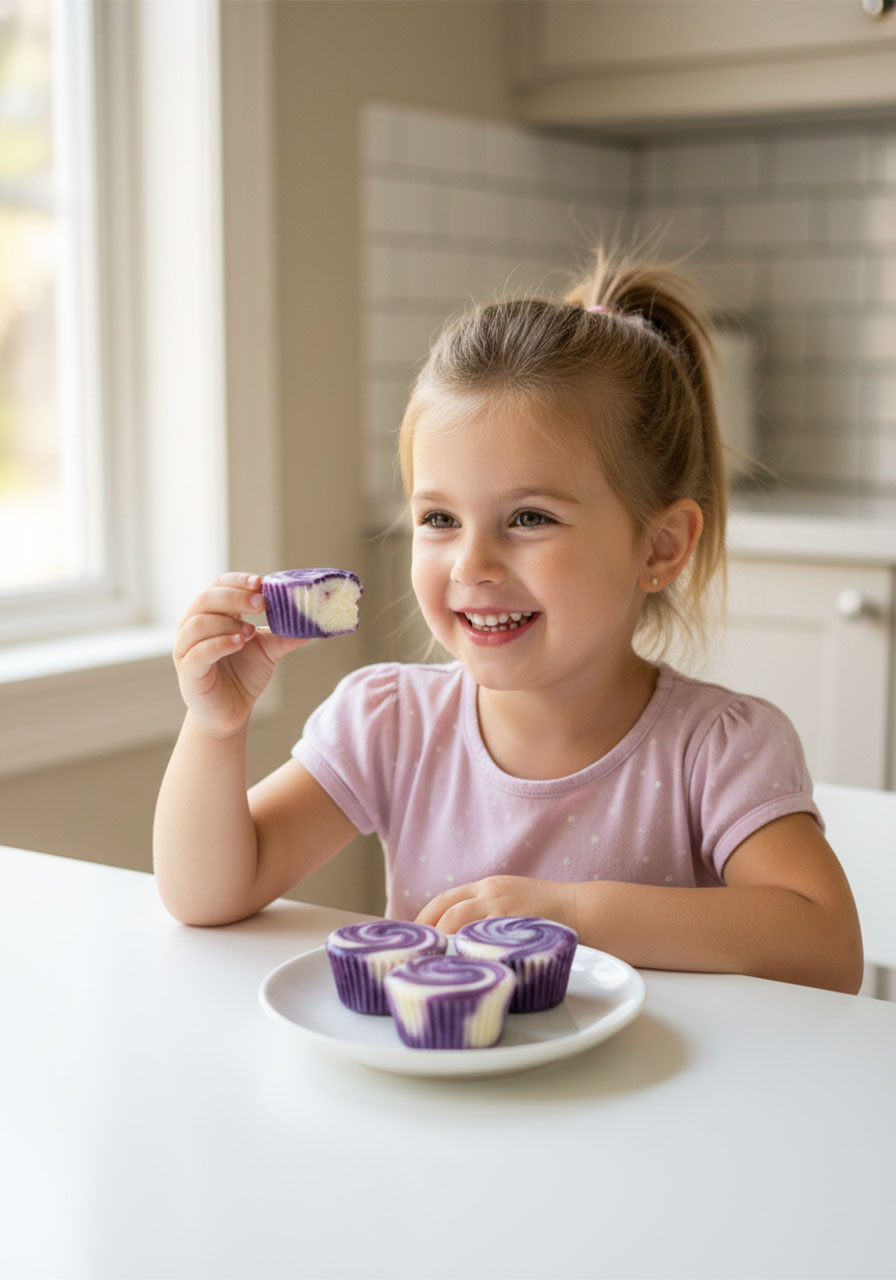 Happy young girl eating a blueberry swirl yogurt bite showing creamy interior, healthy frozen snack for kids