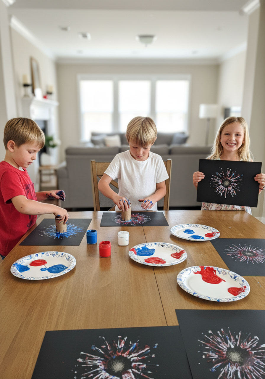 Three kids of different ages doing 4th of July toilet paper roll firework stamp painting craft together at dining table