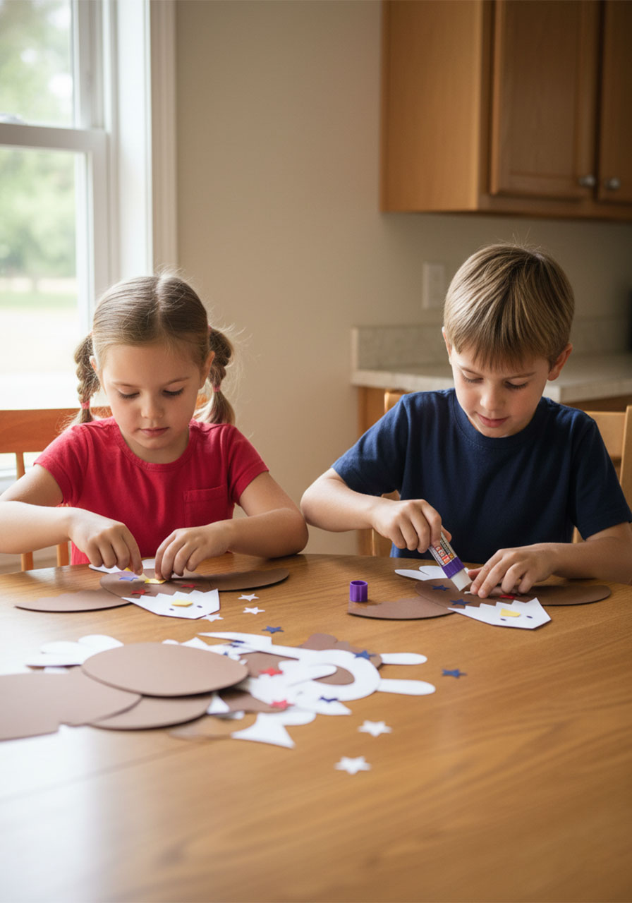 Two children assembling bald eagle paper craft by gluing colorful pre-cut pieces together at kitchen table