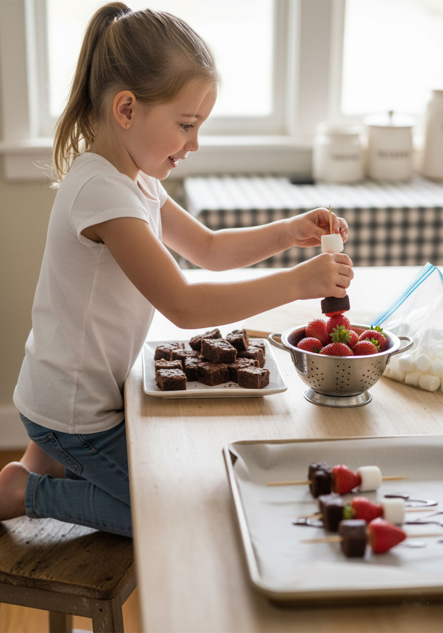 Young girl threading marshmallows onto strawberry brownie kabobs at a kitchen table