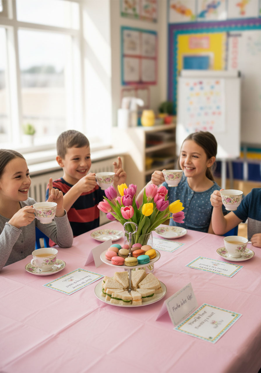 Children's classroom afternoon tea party with finger sandwiches, teacups, and etiquette cards as a fun school activity