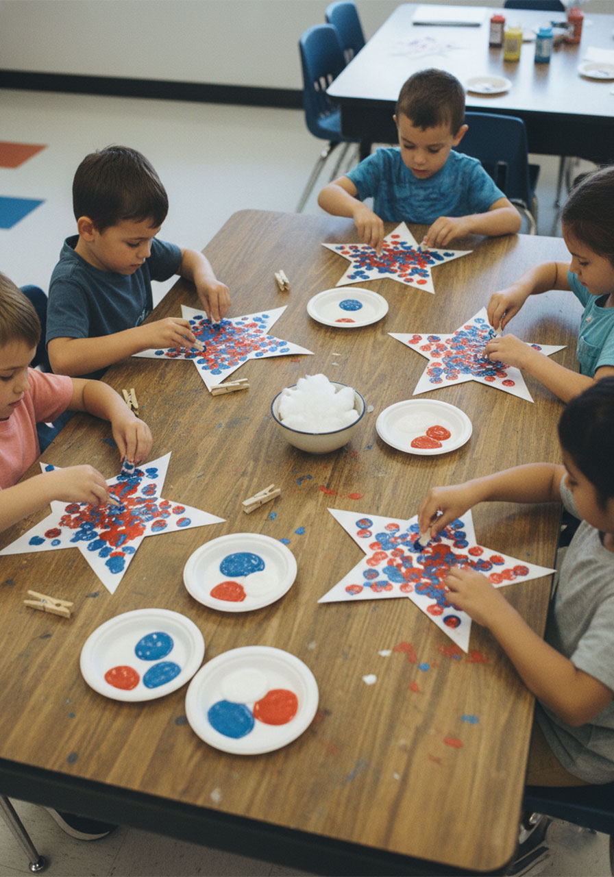 Group of young children doing cotton ball stamped star craft at a classroom table for Independence Day activity