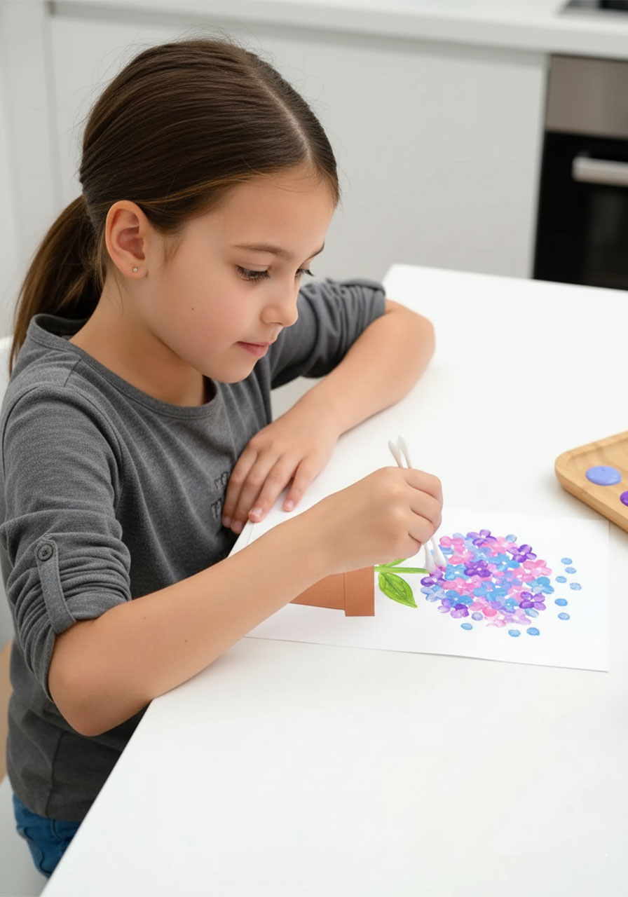Young girl using bundled cotton swabs to stamp pastel pink and purple dotted hydrangea flowers for a DIY Mother's Day art project