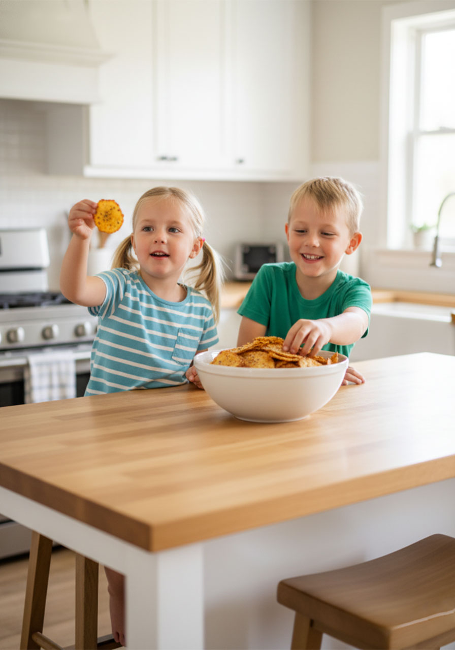 Two kids happily snacking on homemade cottage cheese chips at the kitchen counter — a healthy high protein snack for families