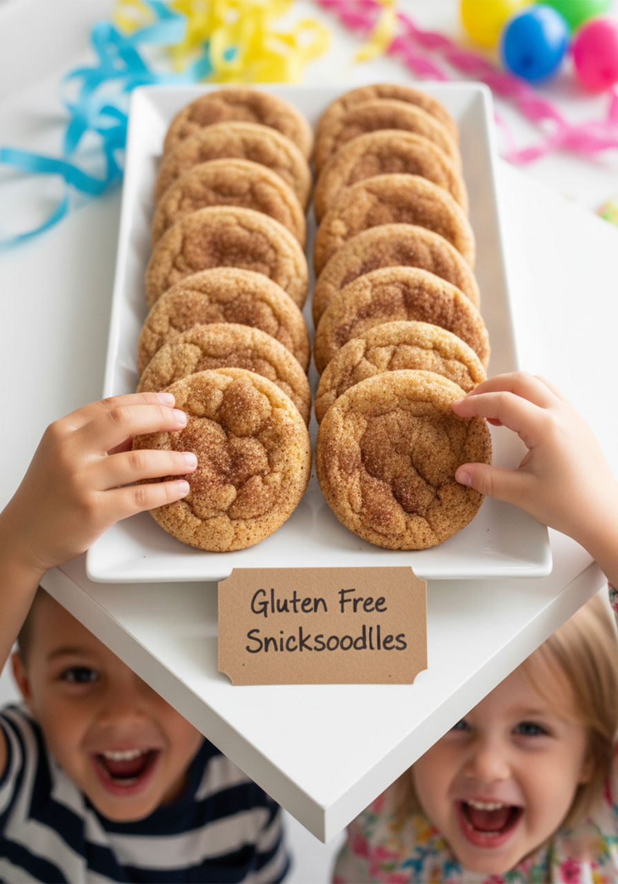 Two kids reaching for gluten free snickerdoodles on a party platter at a birthday celebration