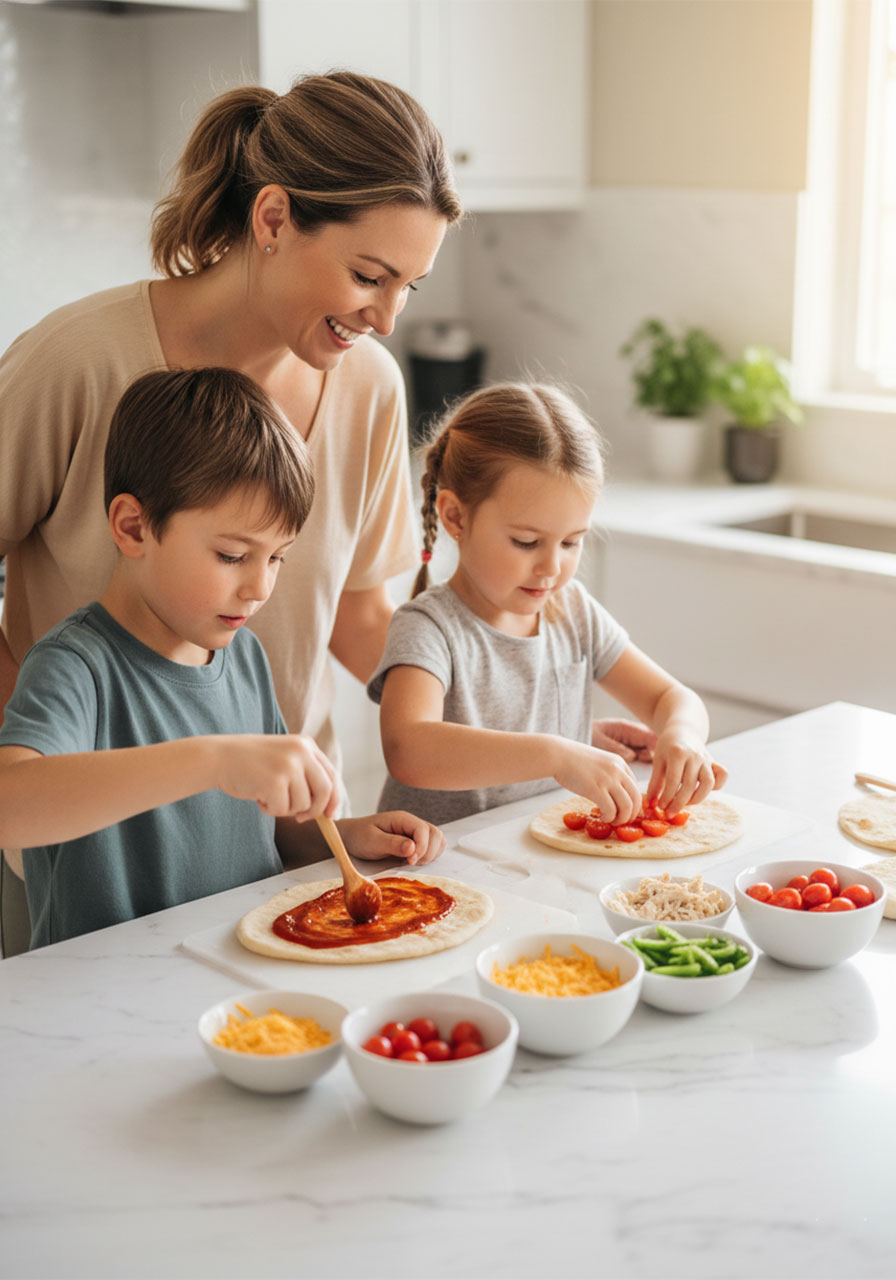 Mom and two young children assembling their own personal chicken flatbreads together at a bright white kitchen counter with toppings in bowls