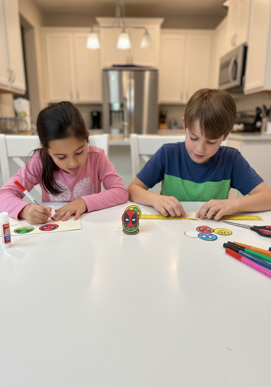 Two kids crafting a DIY pop-up superhero Father's Day card together at a kitchen table with markers and cardstock