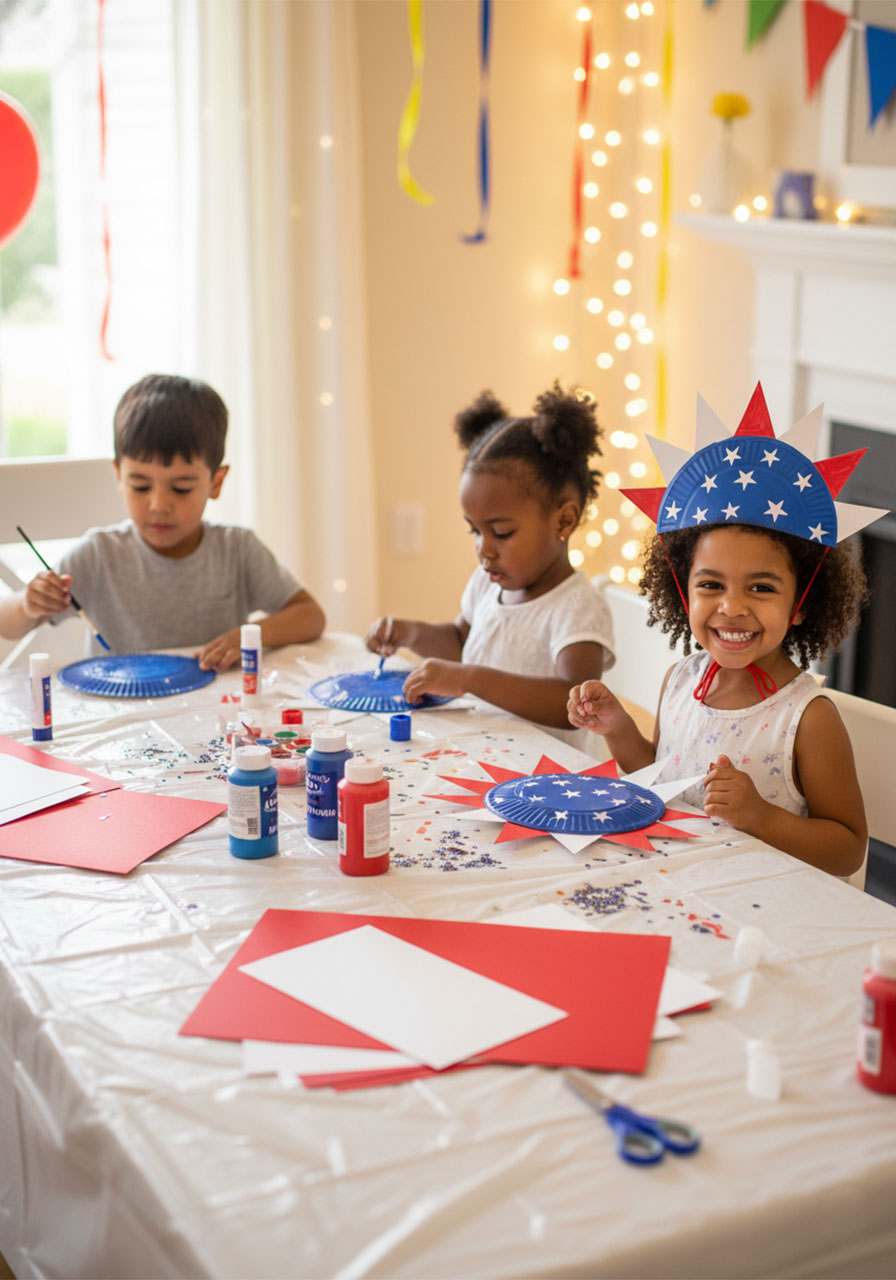 Three children at different stages of making the patriotic paper plate hat craft at a craft table for a Fourth of July party activity