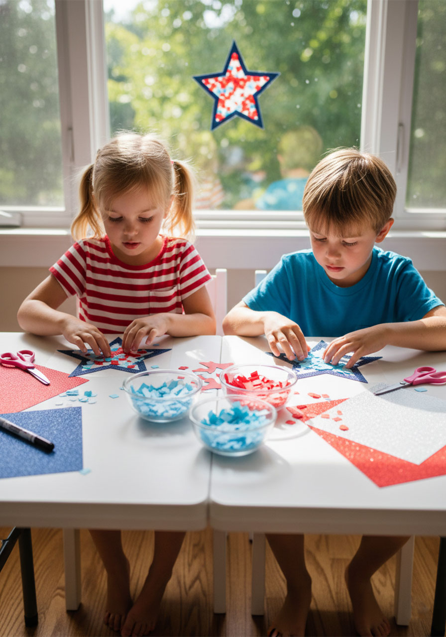 Kids making patriotic star suncatcher craft at 4th of July party activity table with red white and blue tissue paper