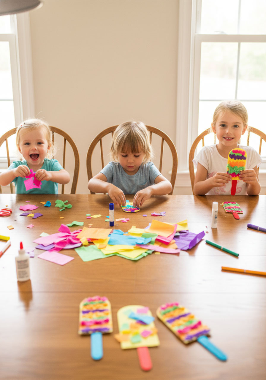 Three kids of different ages making summer popsicle tissue paper crafts together at dining room table