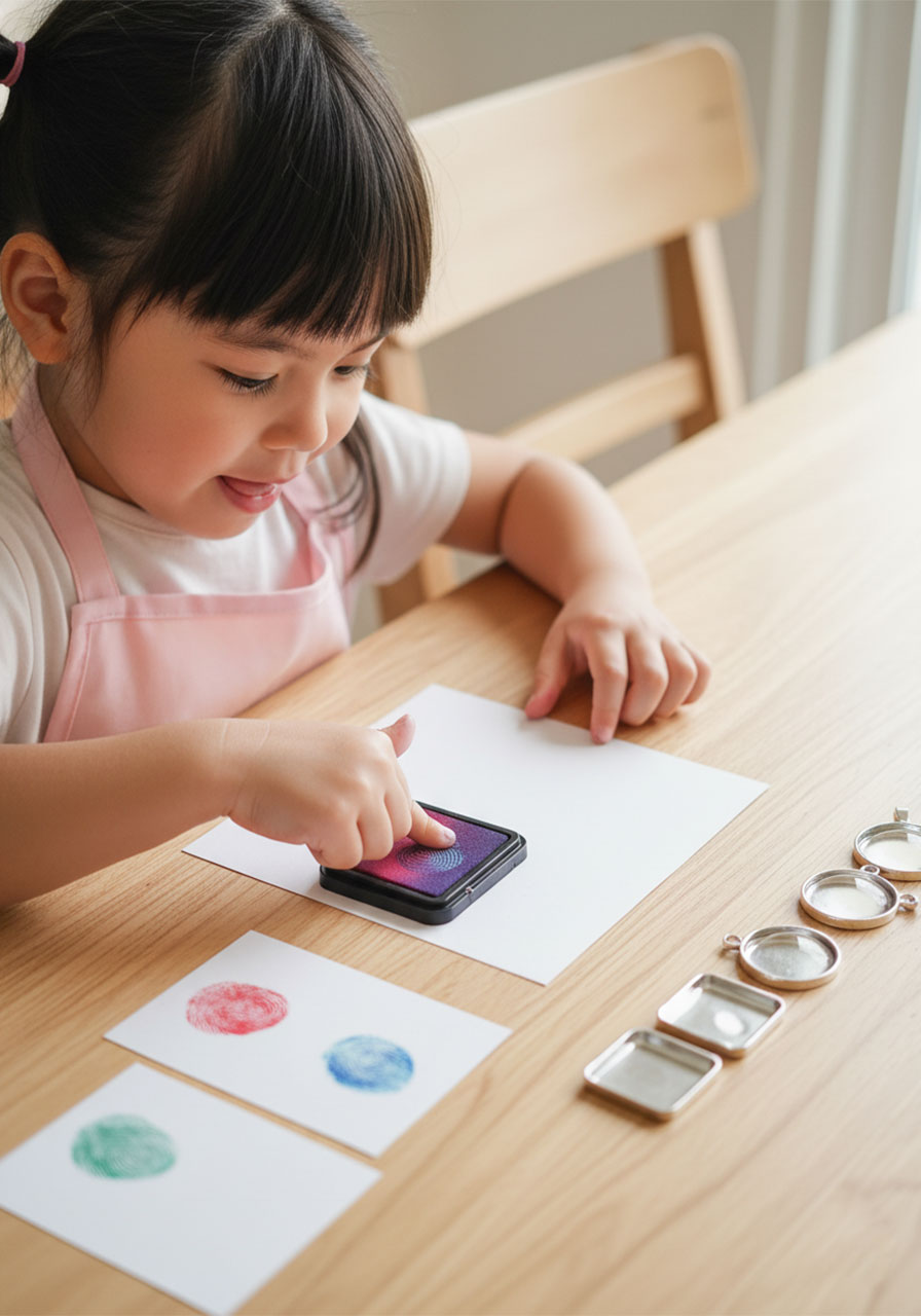 Young girl making DIY thumbprint heart necklace craft — pressing purple ink thumb onto white cardstock at dining table with pendant trays and glass cabochons ready
