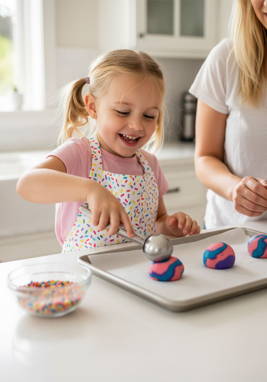 Young girl smiling and scooping colorful unicorn cookie dough with her mom in the kitchen — easy fun birthday party baking activity for kids