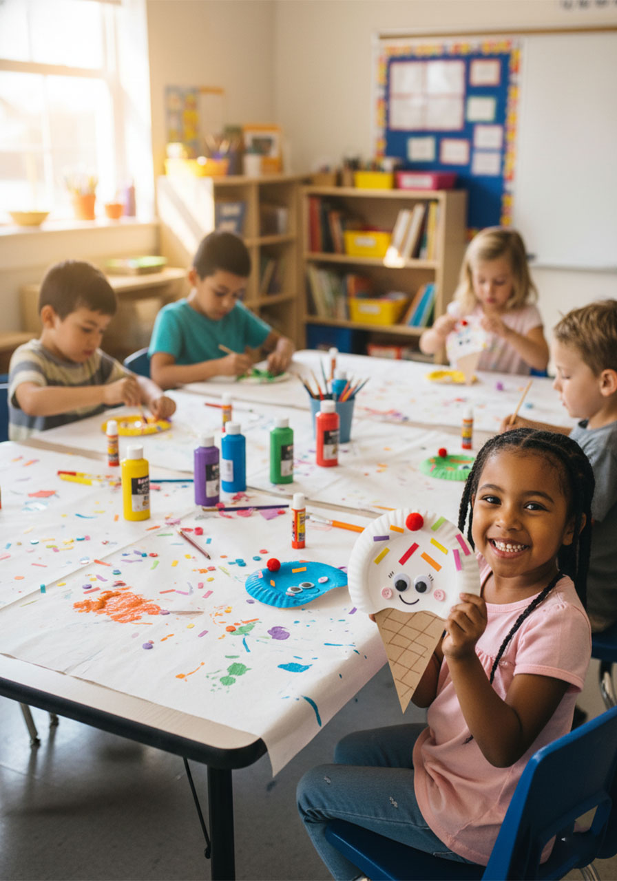 Elementary school kids making paper plate ice cream cone crafts together at a classroom table — fun summer craft activity for kids