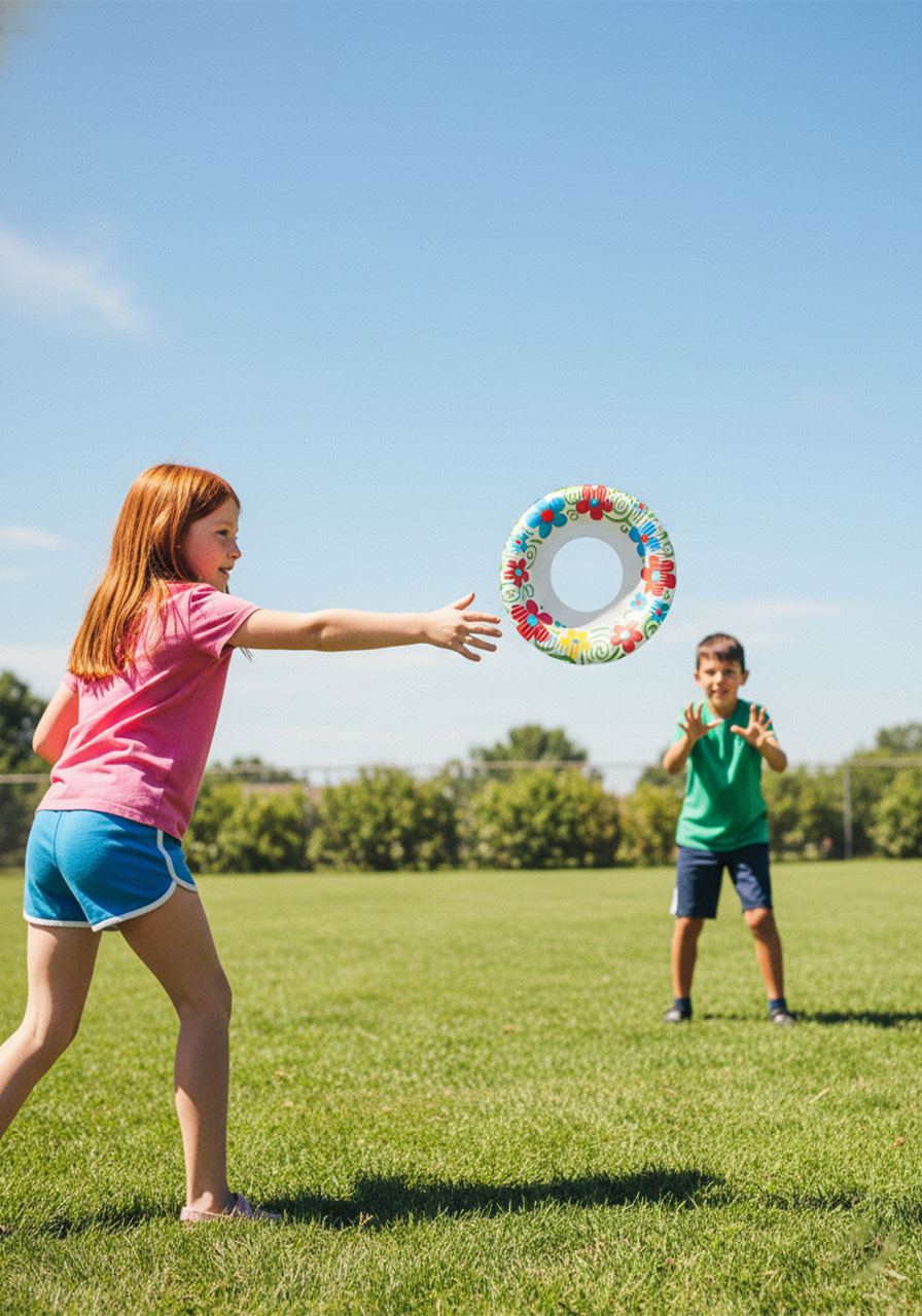 A girl throwing a homemade colorful paper plate frisbee to a boy in a sunny backyard