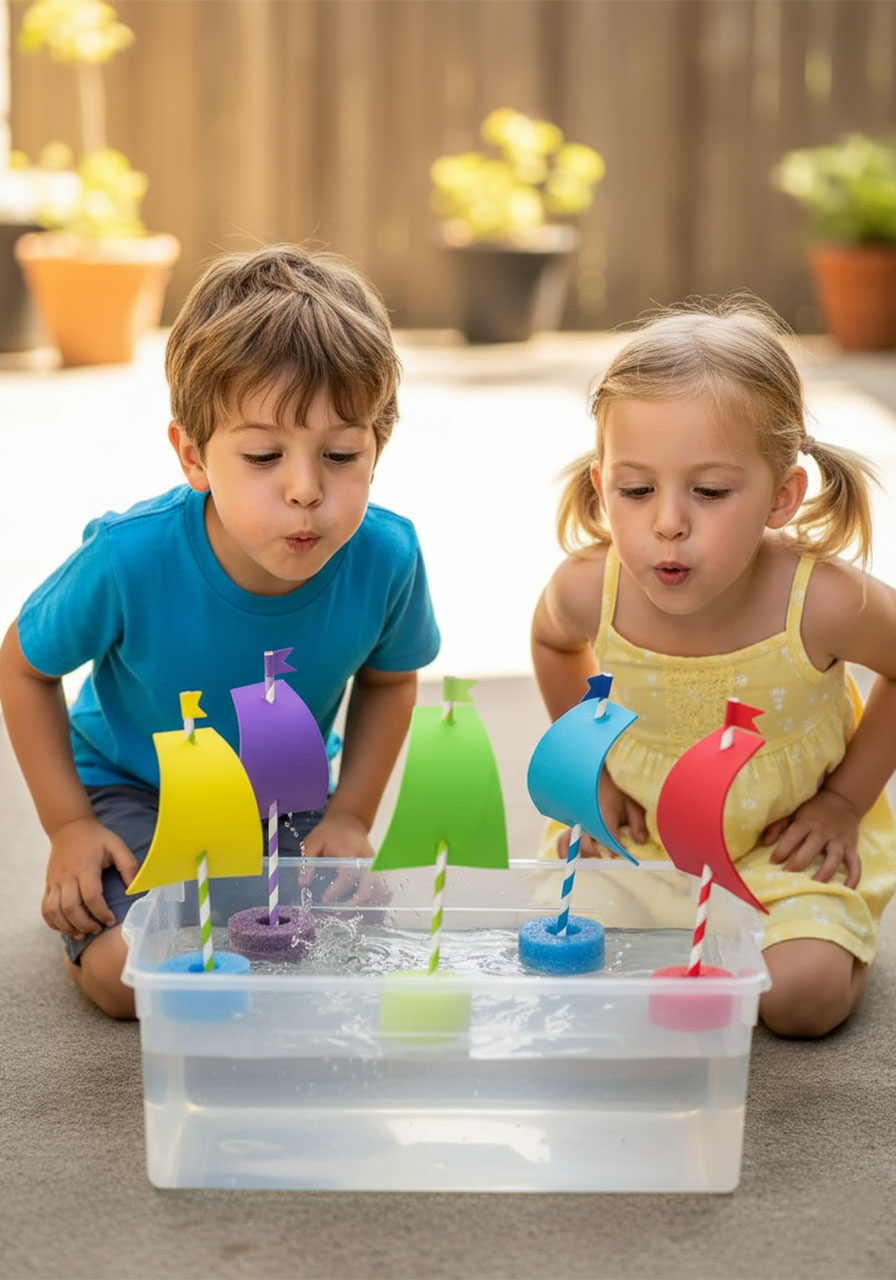 Two kids blowing on the sails of their pool noodle boats to race them across a water-filled bin