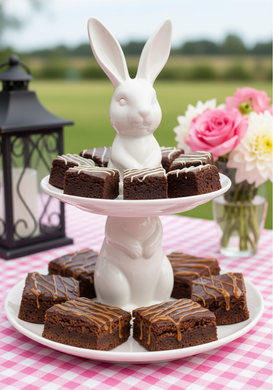 White ceramic bunny two-tiered stand filled with chocolate brownie bites and caramel drizzle brownies at an outdoor kids tea party