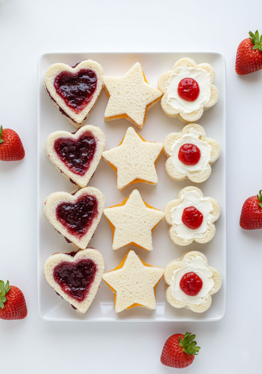 Fun cookie cutter mini sandwiches in heart, star and flower shapes — easy kid-friendly tea party snacks that kids will love