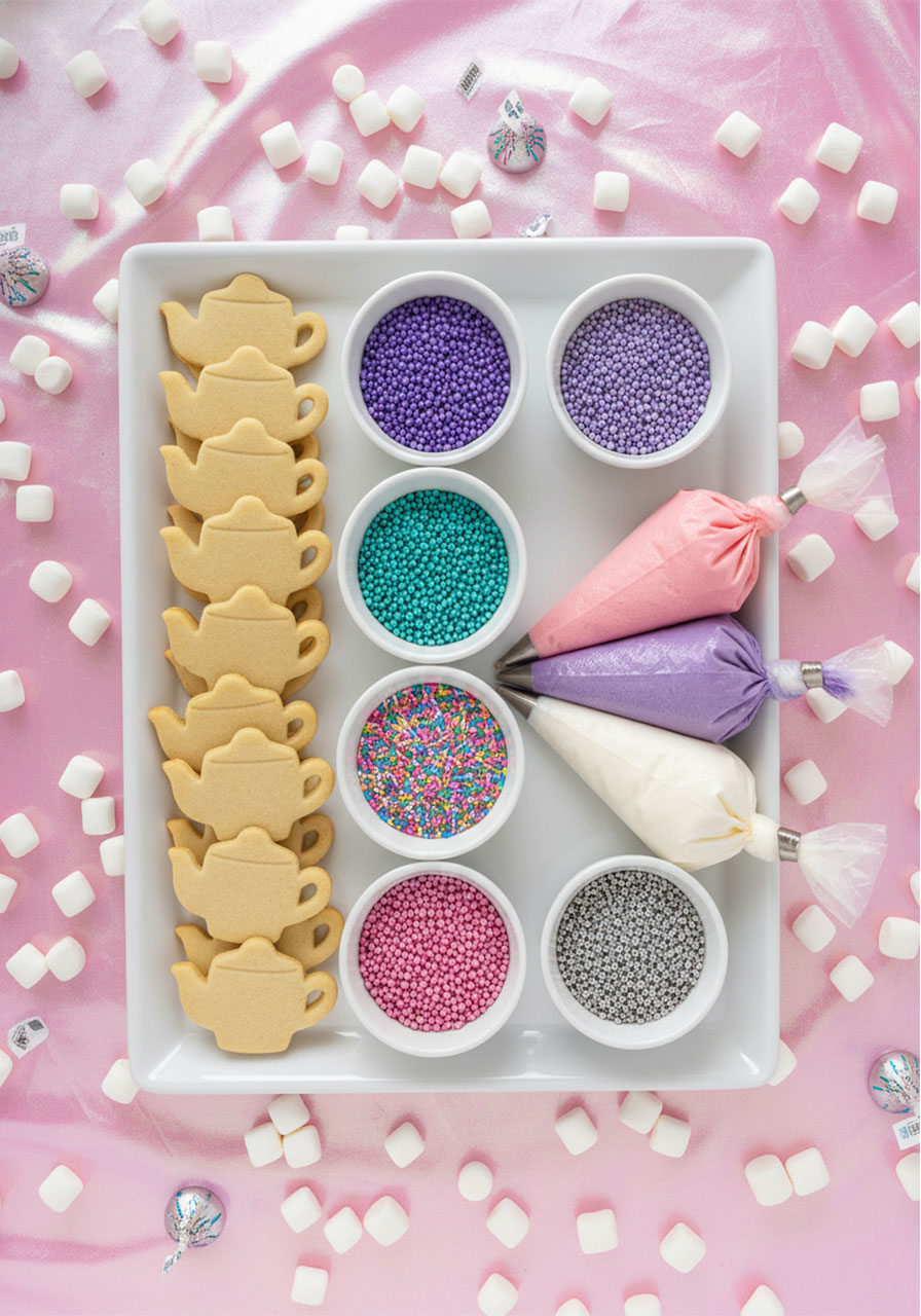 Overhead flat-lay of a kids tea party cookie decorating station with teacup sugar cookies, colorful sprinkle bowls, and frosting piping bags on a pink tablecloth