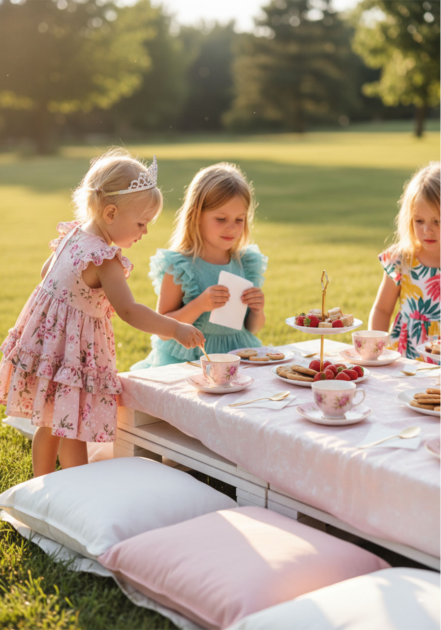 Three young girls in dresses sitting on fluffy cushions at an outdoor kids tea party pallet table with floral teacups and party food