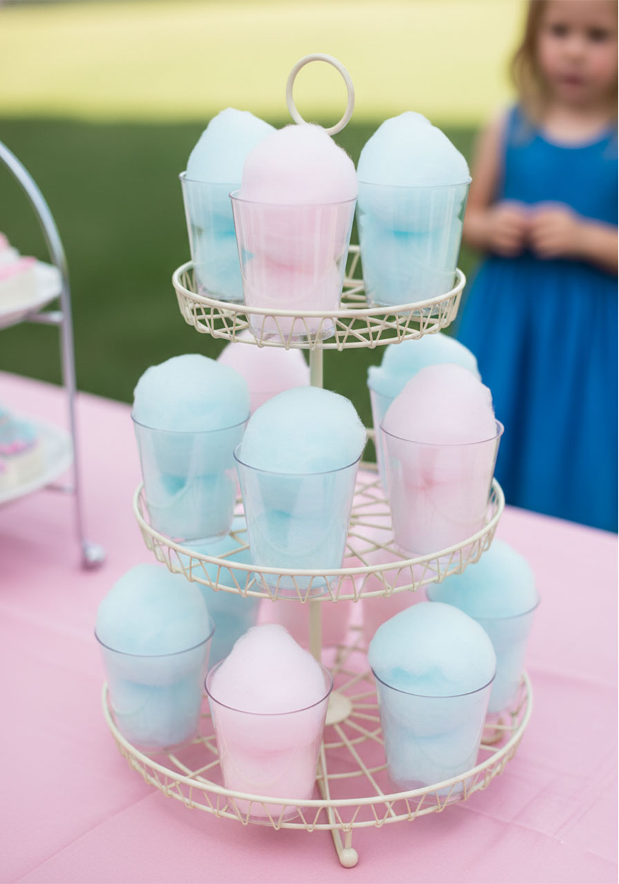 Three-tier wire stand holding individual pink and blue cotton candy portions in clear plastic cups at an outdoor kids tea party