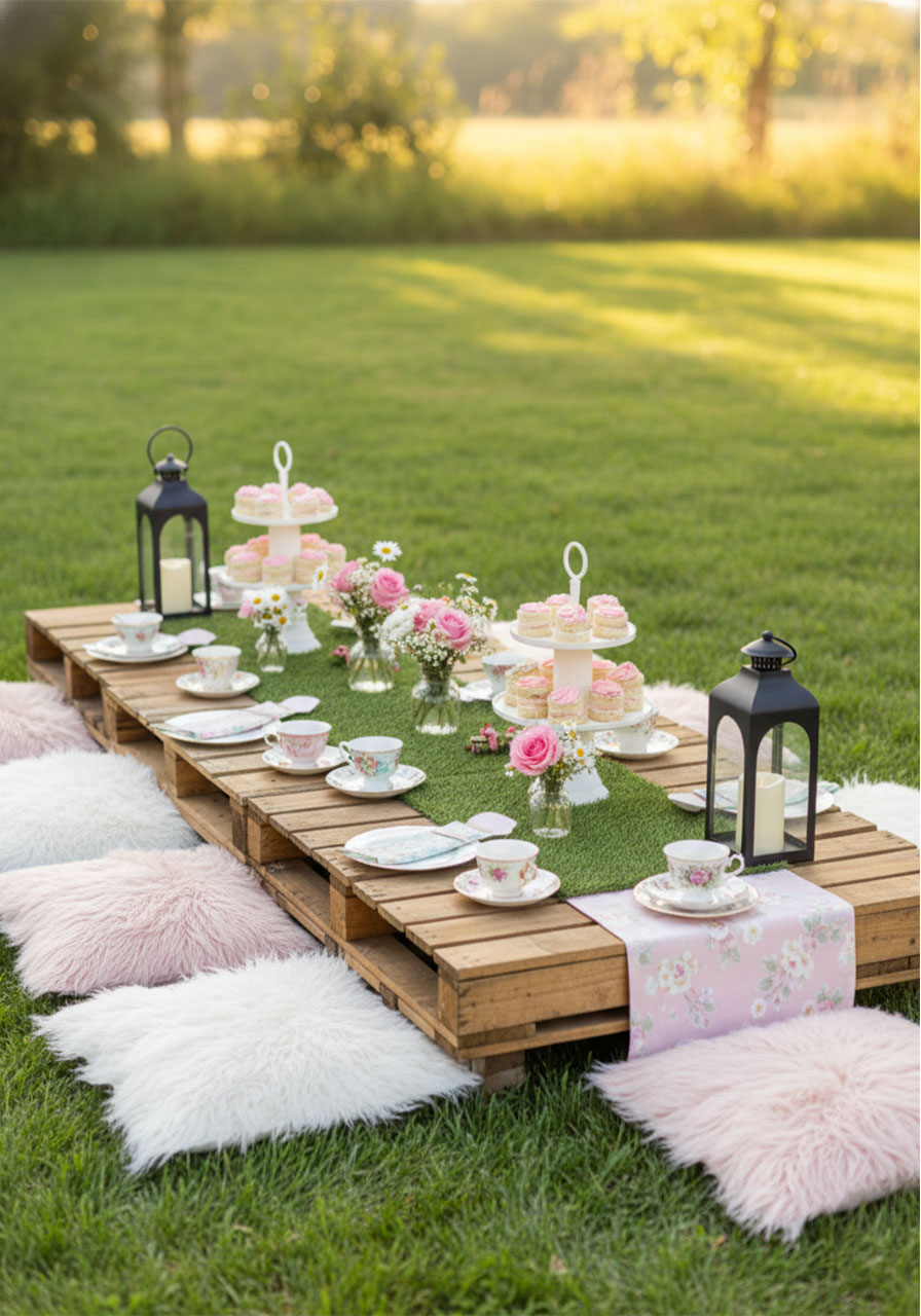 Outdoor kids tea party setup with pallet picnic table, floral teacups, furry cushions, and pink decorations on a green lawn