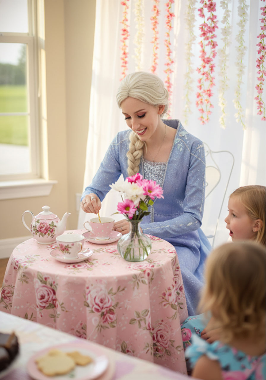 Adult dressed as Elsa princess stirring a pink teacup at an indoor kids tea party with flower backdrop and excited young girls watching