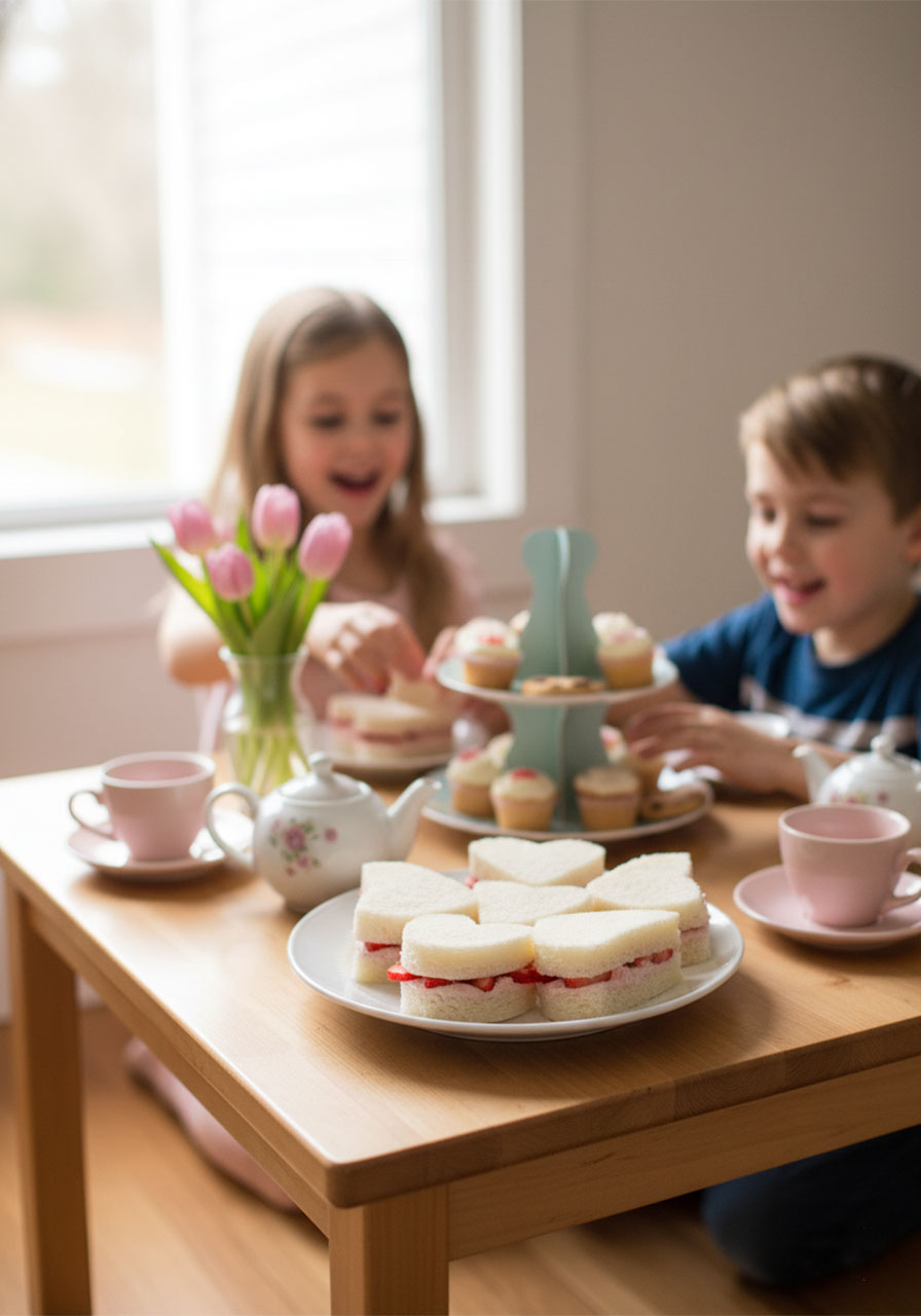 Children's tea party table with heart-shaped strawberry cream cheese sandwiches, teacups, and spring flowers for a sweet tea party lunch	