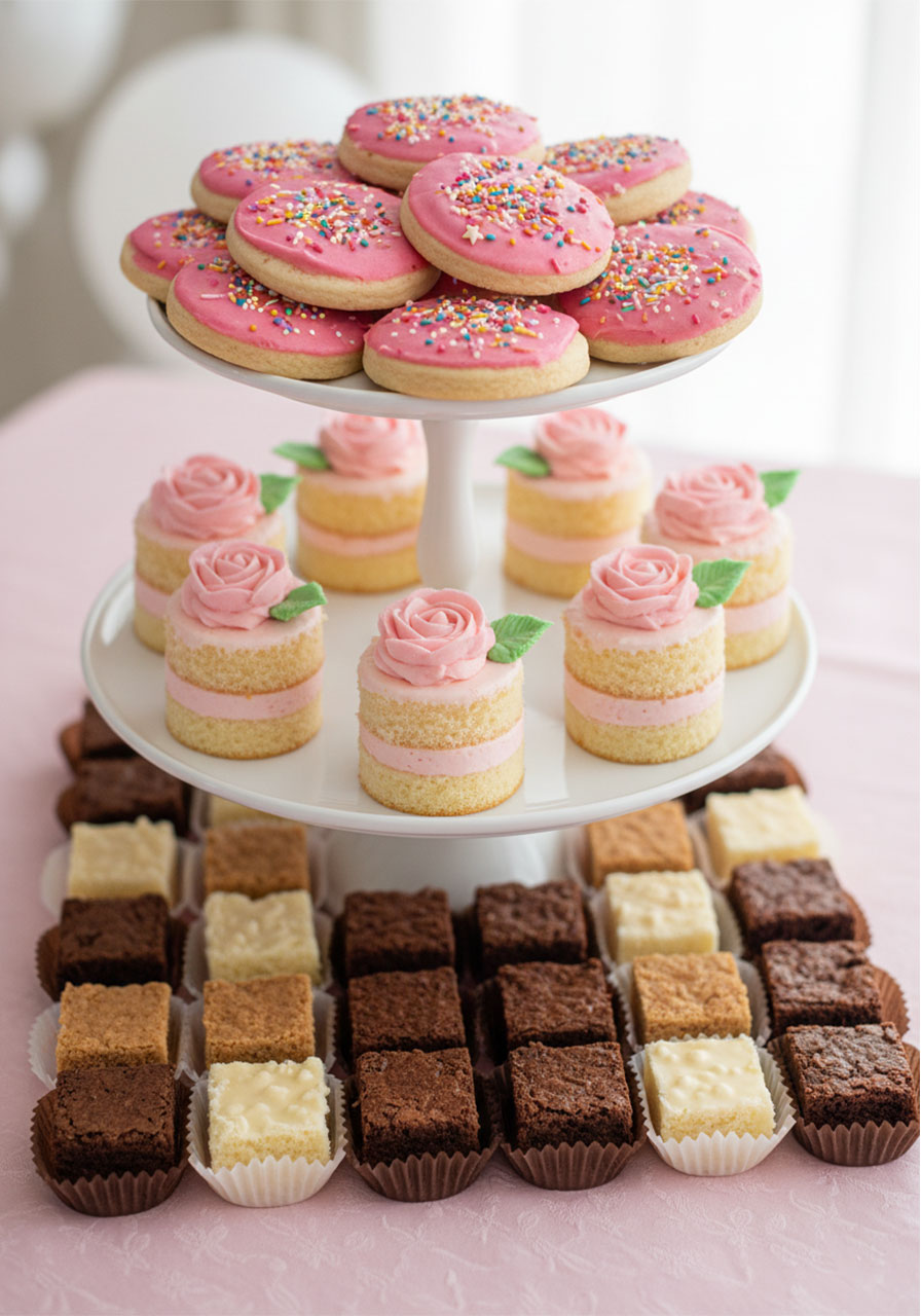 White two-tiered dessert stand at a kids tea party with pink frosted sugar cookies on top, rose-swirl mini stacked cakes in middle, and brownie bites at the base