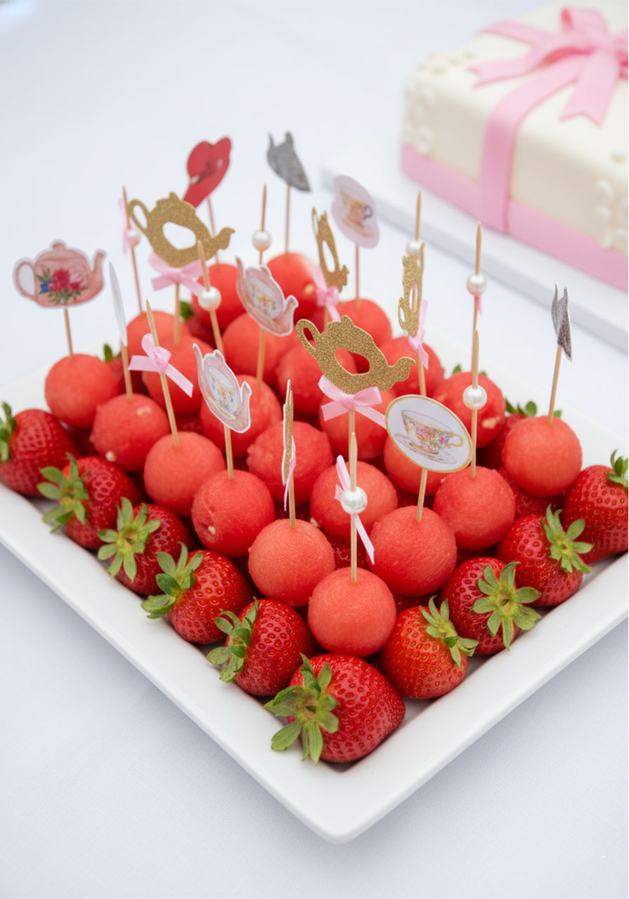 White serving platter of watermelon melon balls and fresh strawberries topped with decorative gold glitter teapot and bow picks for a kids tea party