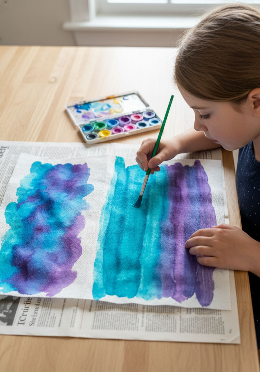 Young girl painting a blue and purple watercolor sky background on a paper towel for a sandcastle art project