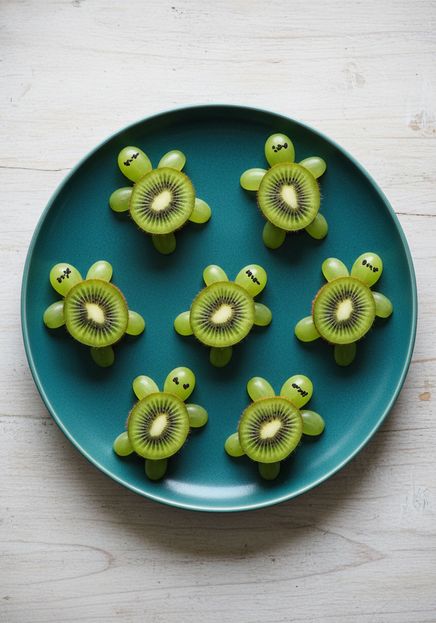Healthy fruit turtles made from kiwi shells and green grapes on a teal plate, easy cute animal themed birthday snacks for kids	
