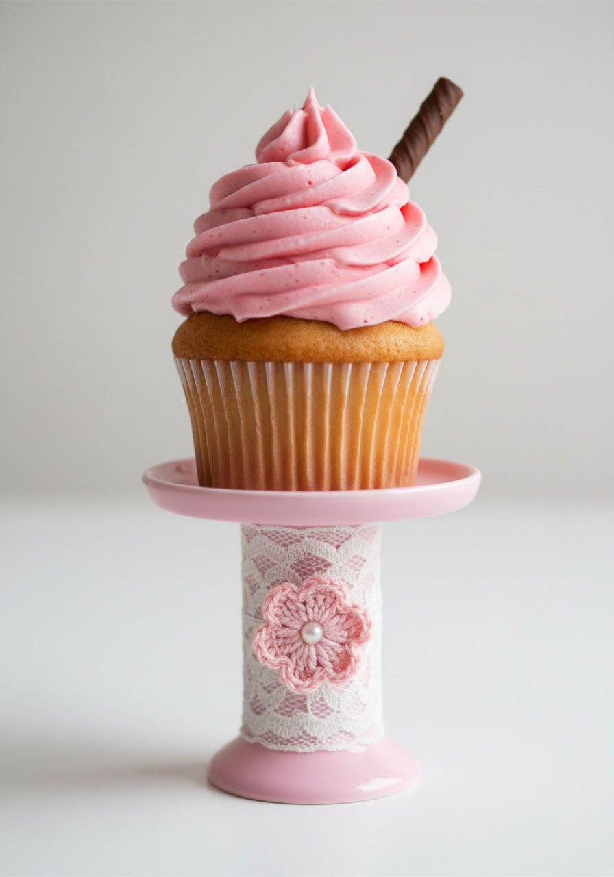 Individual pink lace cupcake stand for an elegant vintage tea party place setting