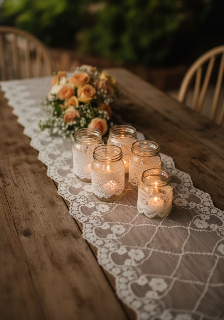 Lace table runner with lace-wrapped mason jar candles glowing for a romantic vintage tea party setup