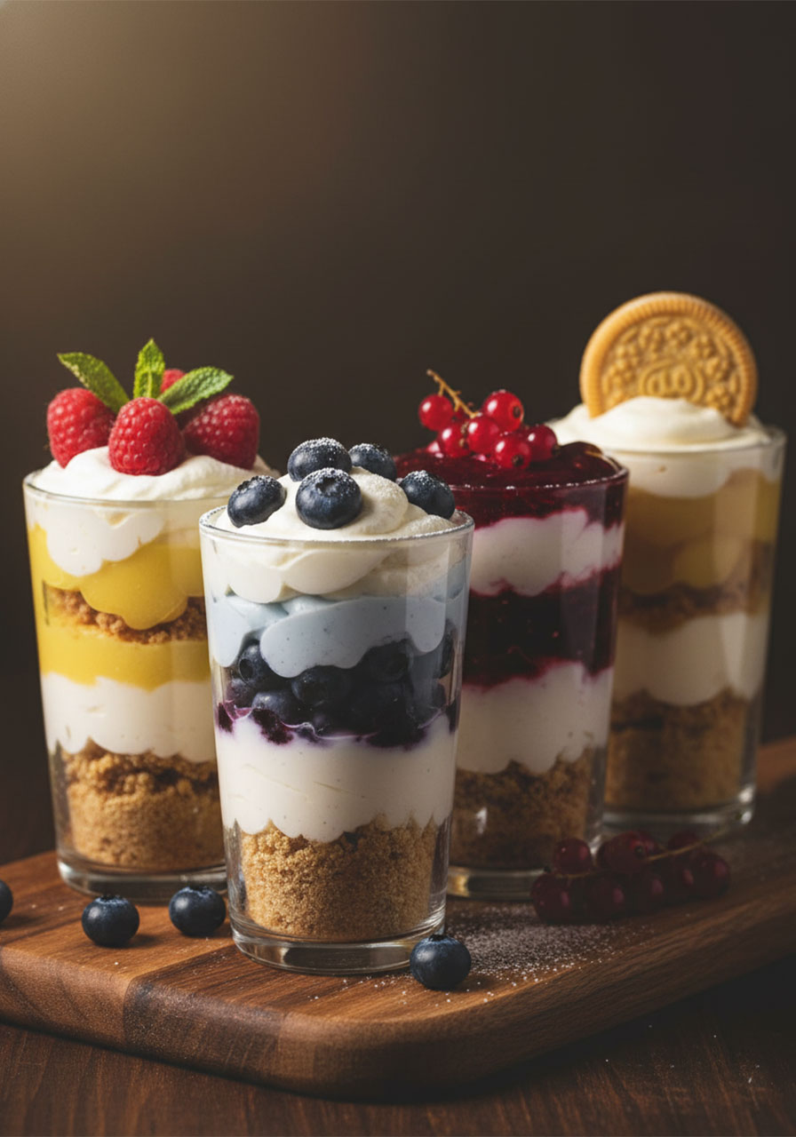 Tall layered dessert cups in clear glasses with lemon curd, blueberry compote and whipped cream — show-stopping easy tea party sweet treats