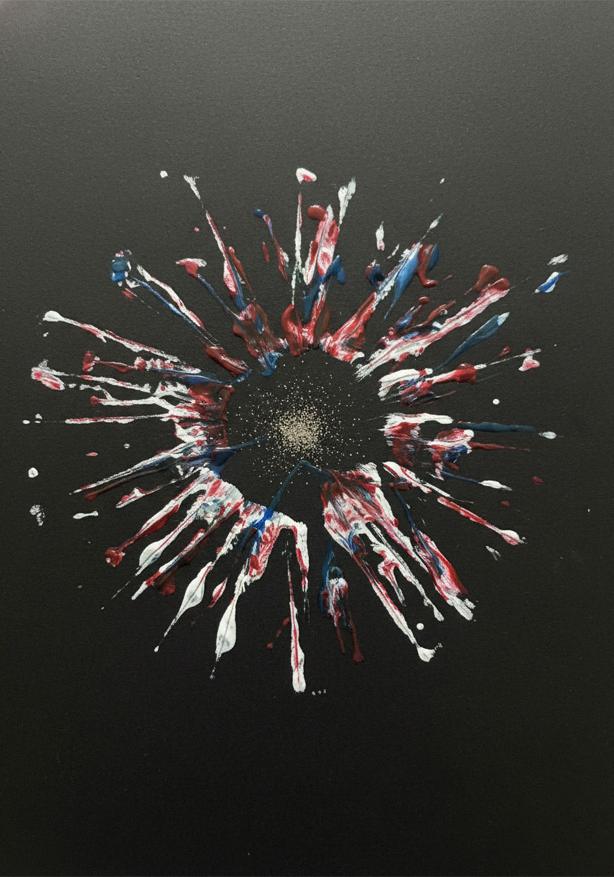 Close-up of layered red white and blue paint firework stamp print on black paper made with toilet paper roll craft for 4th of July