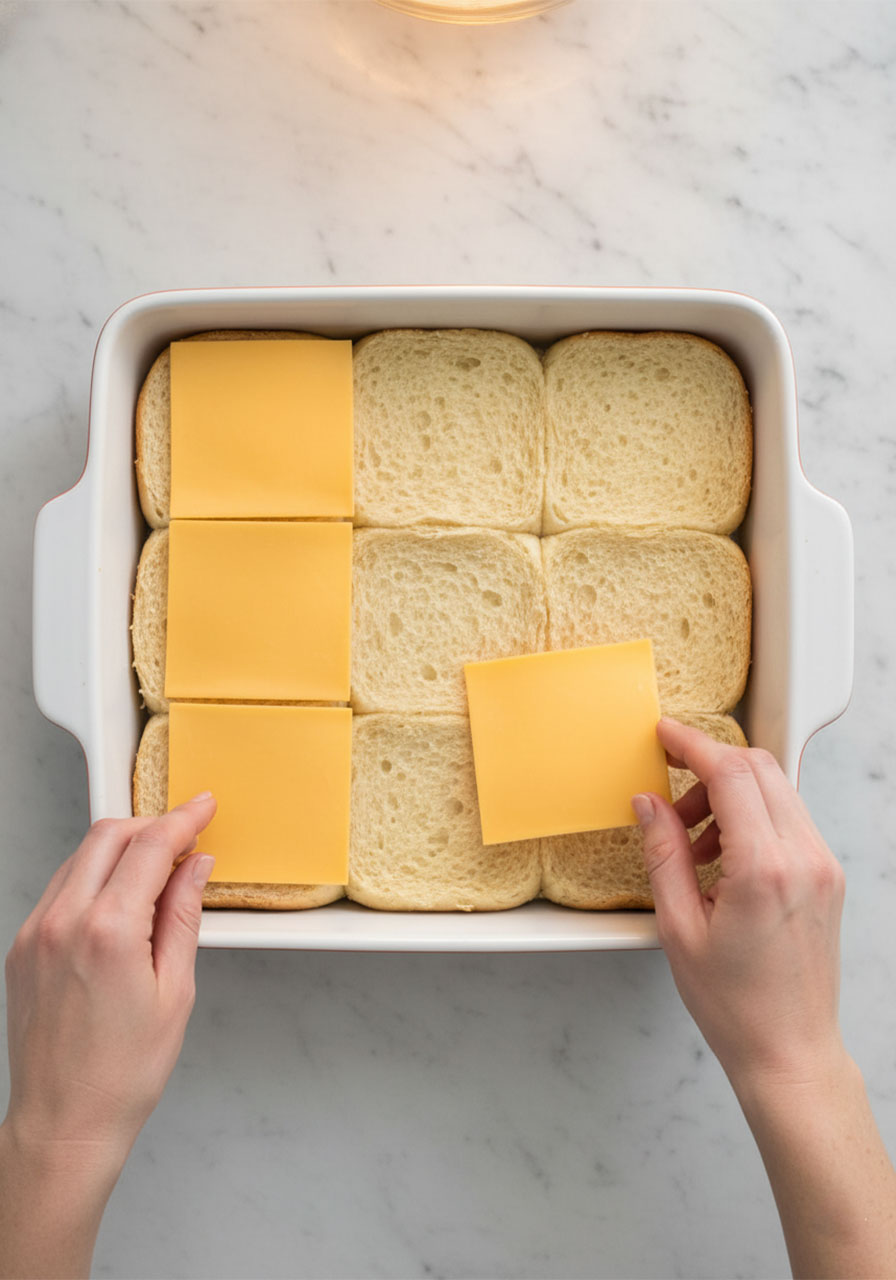 Layering cheddar cheese slices evenly across Hawaiian rolls in a baking dish for mini grilled cheese party sliders