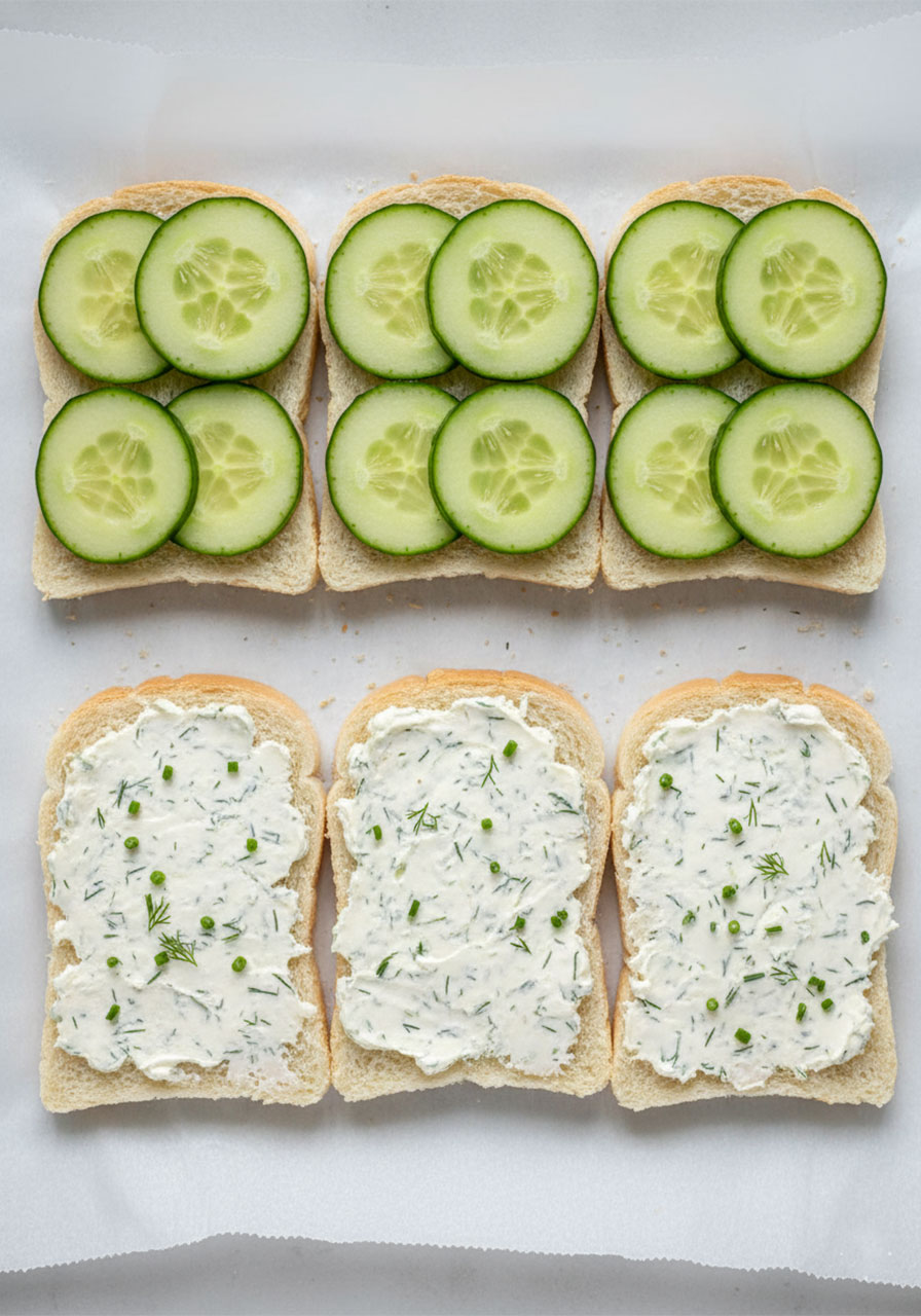 Six crustless white bread slices on parchment paper, three topped with overlapping thin English cucumber rounds ready to be assembled into classic tea sandwiches