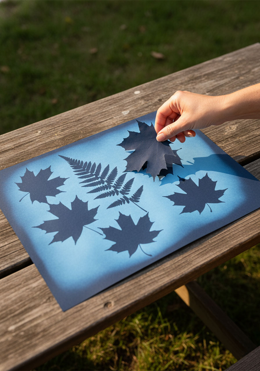 Mom lifting maple leaf stencils from dark blue paper to reveal nature silhouette shapes preserved by UV sunlight in a fun sunscreen painting variation