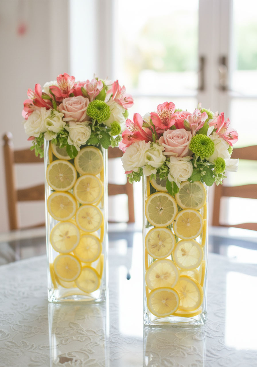 Glass vases filled with lemon slices and topped with coral and blush flower arrangements for a summer tea party