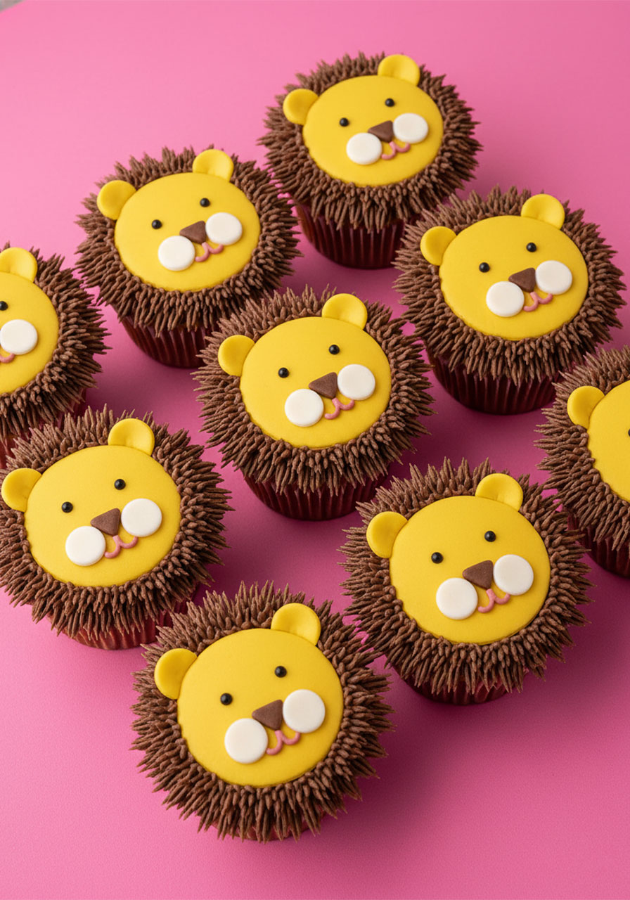 Lion face cupcakes with fluffy brown buttercream mane and golden fondant face, adorable animal themed birthday snacks for kids zoo party	