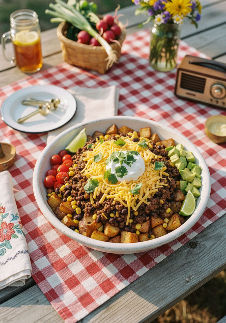 Loaded potato taco bowl with crispy roasted potatoes, seasoned beef, black beans, melted cheese, avocado, and sour cream in white bowl