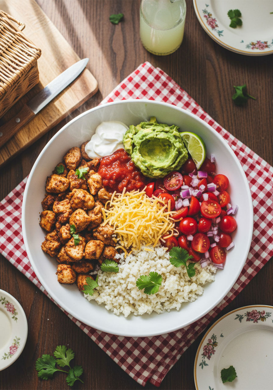 Overhead view of a low carb burrito bowl with seasoned ground chicken, cauliflower rice, avocado, cheese, salsa, and sour cream
