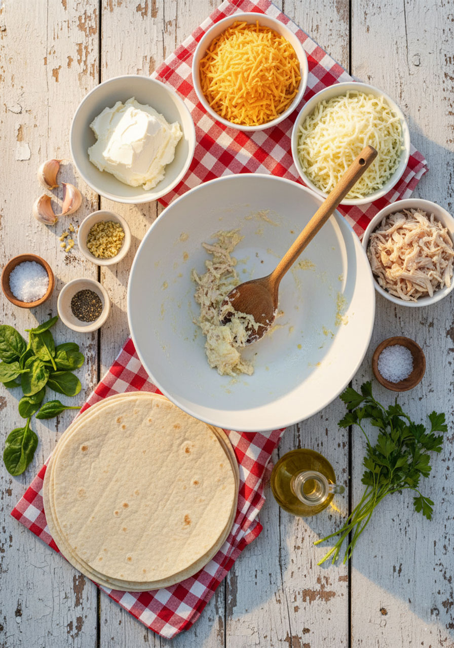 Flat lay of all ingredients for low carb cheesy garlic chicken wraps including chicken, mozzarella, cheddar, cream cheese, garlic, and low-carb tortillas