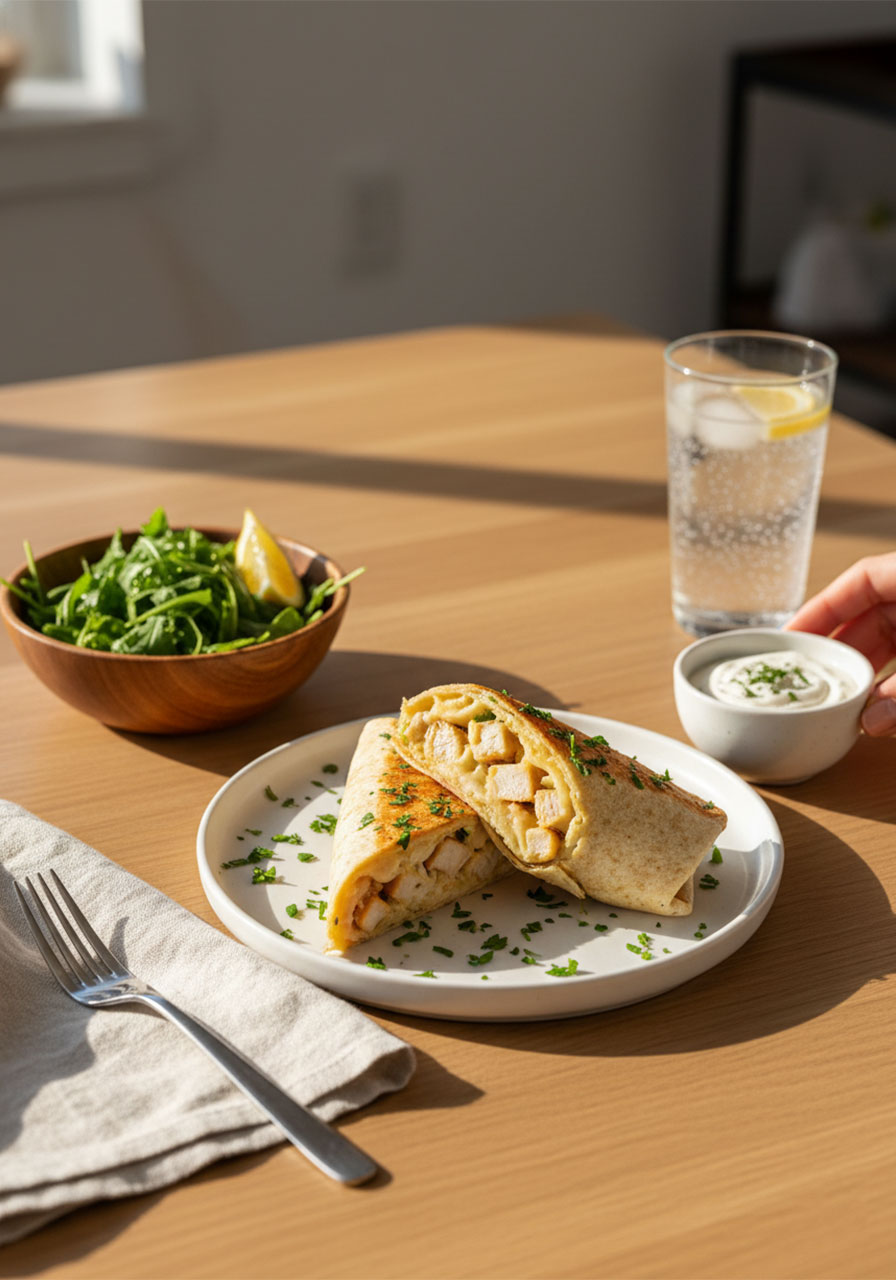 Full plated low carb cheesy garlic chicken wrap dinner with arugula salad and yogurt dipping sauce on dining table