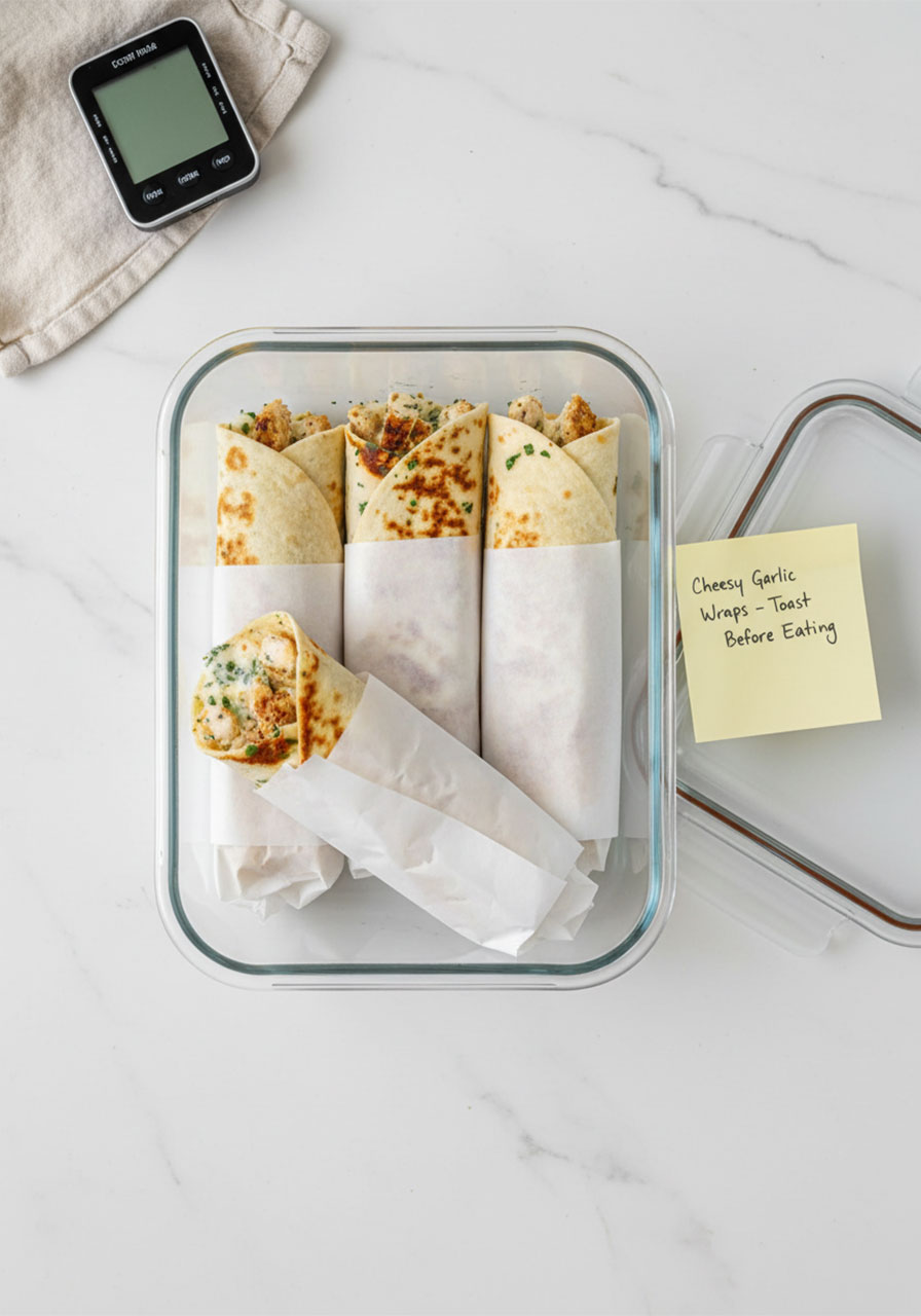 Low carb cheesy garlic chicken wraps stored in meal prep container with parchment paper for weekly meal prep