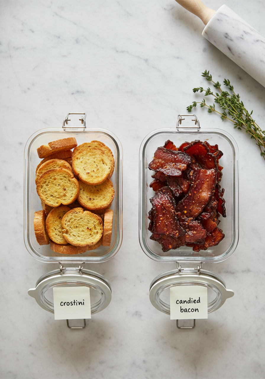 Make-ahead storage containers for candied bacon and toasted crostini rounds prepared up to two days in advance