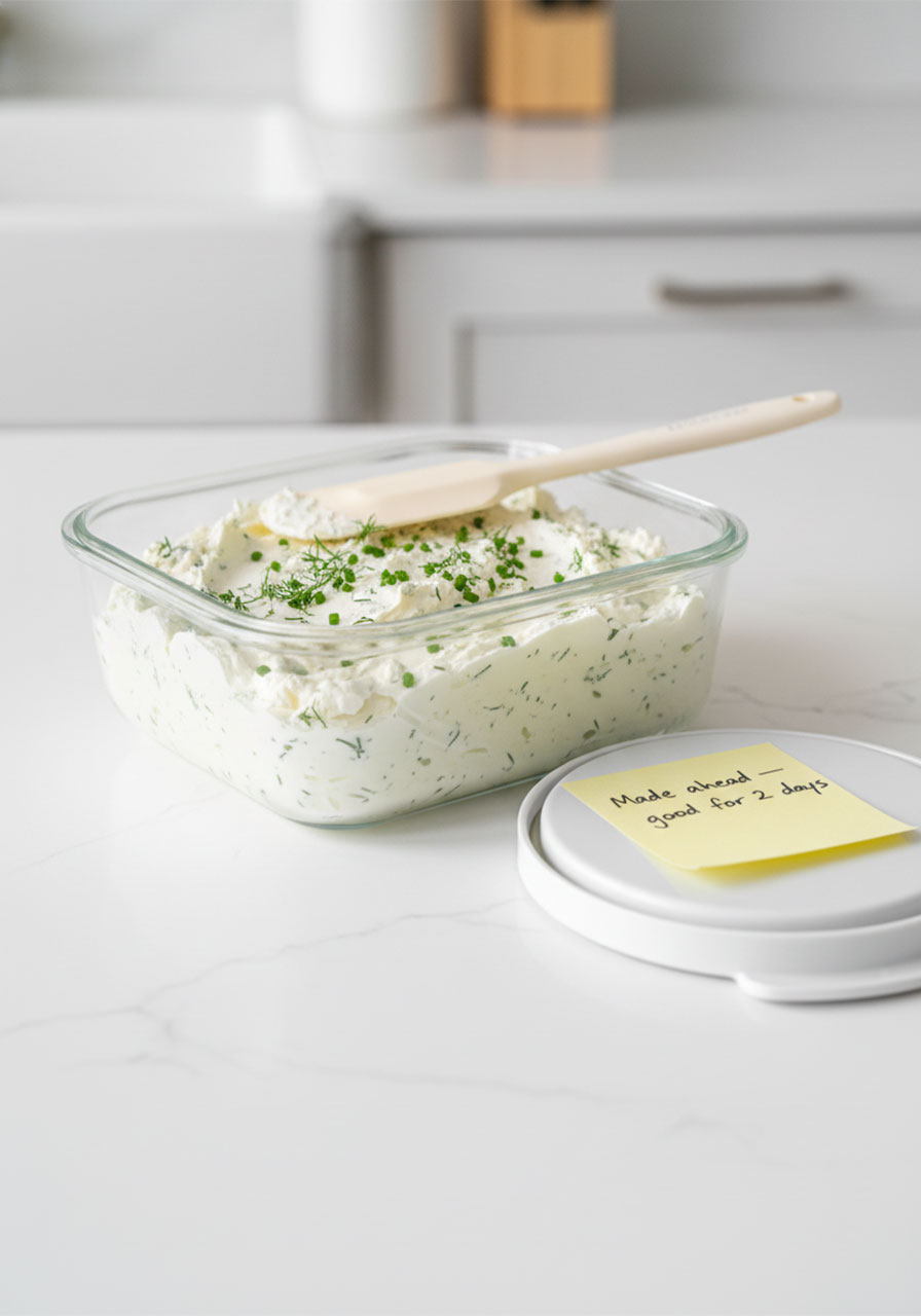 Herbed cream cheese spread stored in a glass container with lid for making cucumber tea sandwiches ahead of time for a party or shower